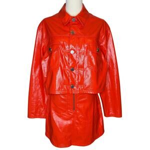 Fiorucci Berty Vinyl Jacket and Vinly Mini Skirt Set Orange Matching 2pc Outfit